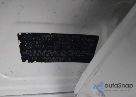 2006 Hyundai Sonata Gls z USA, uszkodzony, nr VIN KMHEU46C06A091417